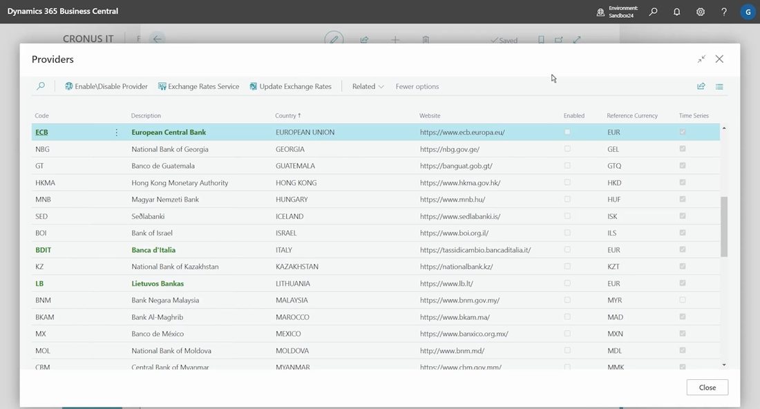 The list of exchange rate providers inside Microsoft Dynamics 365 Business Central